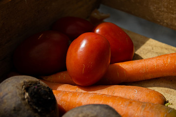 Closeup de Tomates  em uma caixa de madeira sob o Sol
