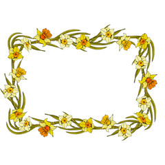 Elegant floral backgrounds with daffodil garden flower, delicate greenery, print frame, copy space.