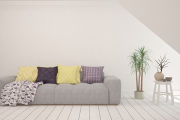 White living room with sofa. Scandinavian interior design. 3D illustration