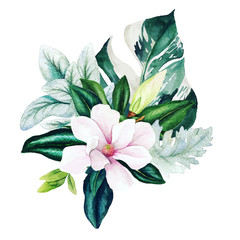 Magnolia and leaves, bright watercolor bouquet with monstera