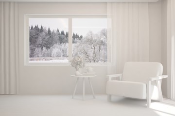 White room with armchair and winter landscape in window. Scandinavian interior design. 3D illustration