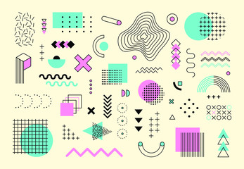 Abstract memphis design elements mega set. Vector geometric line graphic shapes, modern hipster circle triangle square template trendy colorful illustration. Retro style texture