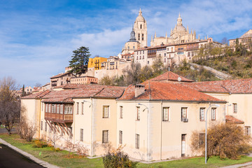 View of the beautiful city of Segovia, Castilla y León (Spain). Its famous Alcazar, Cathedral and Roman Aqueduct.