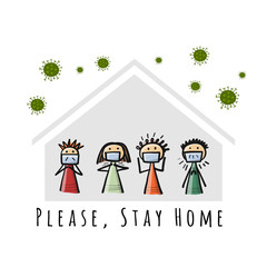 Stay At Home, Quarantine Concept. Family at House. Sketch for your design