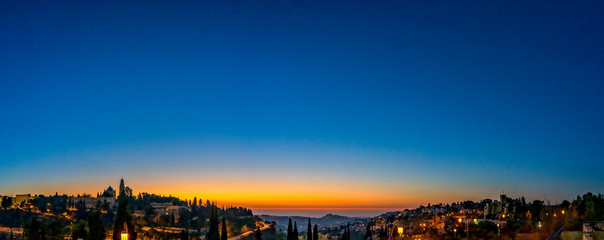 Panoramic Sunset over City, Town 
