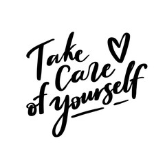 Covid-19 prevention cute hand drawn sticker, coronavirus quarantine illustration. Lettering phrase - Take care of yourself. - 337077543