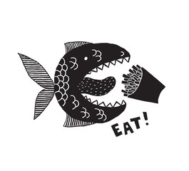 A fictional monster fish with an open mouth and tongue. Box of fries in your mouth. Phrase Eat. Conceptual design for t-shirts and other merch. Black and white illustration.