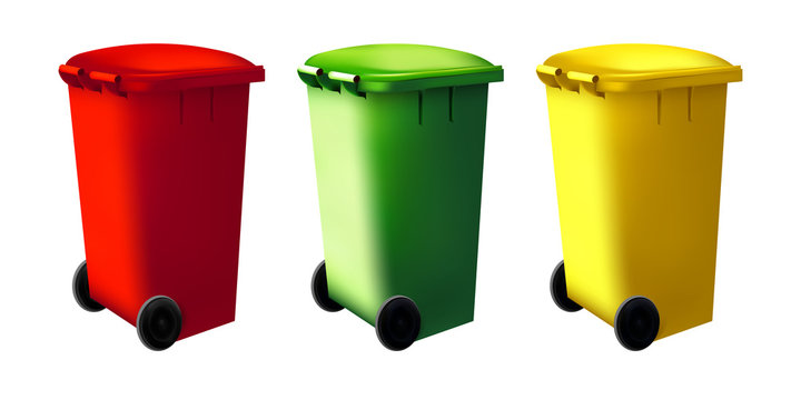 Trashcan recycled container. Street dustbin set. Sorting eco system bin. Vector collection of recycled symbol on colorful bin.