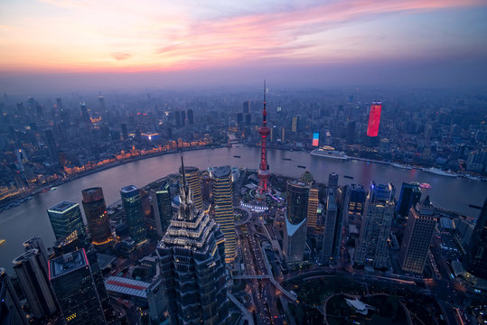 Shanghai city skyline at blue hour