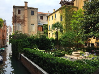 Old italian, venetian courtyard with many green plants, Venice, Italy, Europe