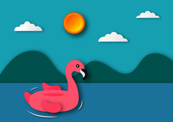 hello summer beach landscape with pink flamingo background. paper art style. vector Illustration.