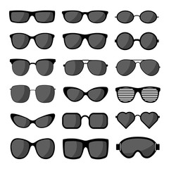 Sunglasses icon set template. Black sunglass, mens and women dark glasses silhouette. Vector illustration.