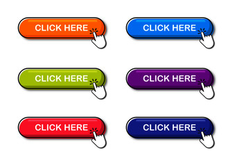click here colorful button set. icons web isolated on white background. vector illustration.