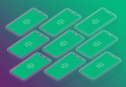 9 Wireframe Smartphones Screen Mockups with Transparent Background