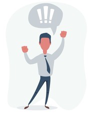 Casual business man happy excited hold hand fist up shouting, young handsome guy full length isolated background. Vector flat design illustration.