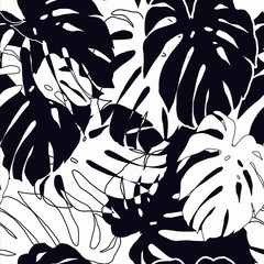 black and white monstera seamless pattern. Tropical leaves pattern