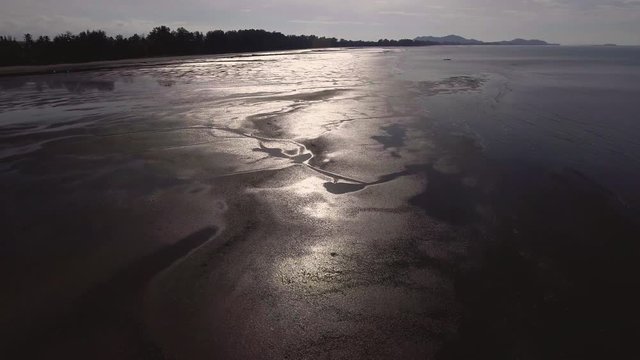Sky view of low tide beach from drone at south of Thailand with 4K footage.