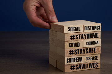 Corona pandemic related words written on different surfaces