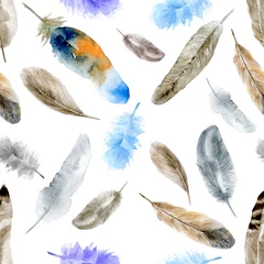 Crédence de cuisine en verre imprimé Plumes aquarelles Modèle de plumes blanc Modèle sans couture aquarelle avec des plumes. Pour la conception, l& 39 emballage, le tissu, le textile.