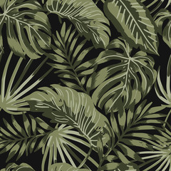 Tropical leaves pattern on black background. Green tropical Jungle pattern