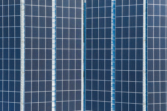 Aerial view of solar panels on rooftop