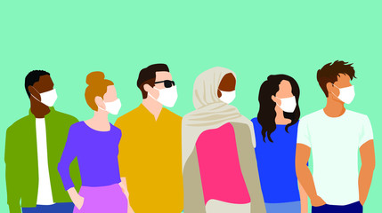 Group of People Wearing Protective Medical Face Masks, Standing sideways looking away, faceless flat digital vector illustration