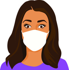 Beautiful Scared Young Woman wearing protective medical face mask, face only wide eyes, flat digital vector illustration