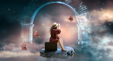 Young lady woman in retro dress and hat sitting on suitcase and flies on ammonite fossil through space and universe, idyllic fantasy scene with ghost arch ruins and butterflies, travel around world. - obrazy, fototapety, plakaty