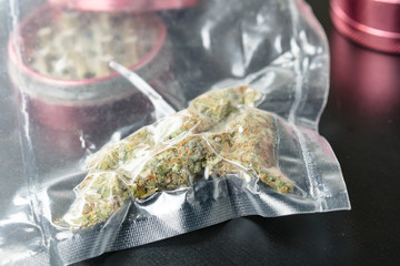 Close-up of medical marijuana buds in vacuum seal bags and grinder. Cannabis is a concept of herbal or alternative medicine