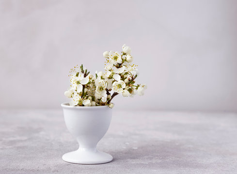 Still life of bouquet of blooming cherry plum in a makeshift vase and an egg stand. White-gray neutral background. Copy space.