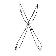 Hand drawn vector isolated garden pruner  icon. Black outline  secateurs illustration. Gardening tools. 