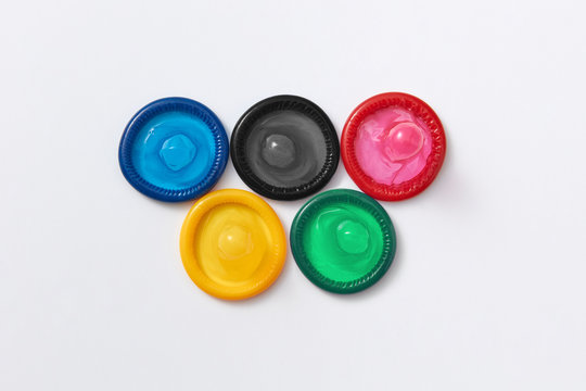 Colored condoms as Olimpic symbols.