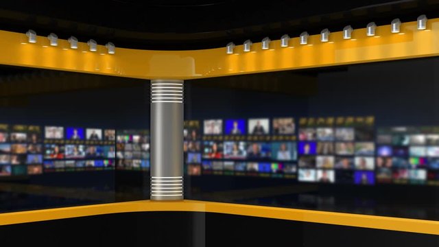 Tv Studio.  Yellow Studio. News studio. Newsroom Background for News Broadcasts. Blurred of studio at TV station. News channel design. Control room. 3D rendering
