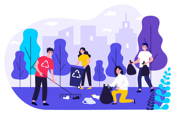 Happy volunteers collecting garbage in city park flat vector illustration. People cleaning environment nature in team. Ecology and clean planet concept