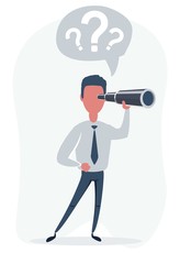 Concentrated businessman looking through the spyglass. Business vision and perspective planning concept. Vector illustration of a flat design.