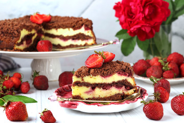 Chocolate cake with cottage cheese with strawberries is located on a white background with piece of cake in the foreground, horizontal orientation