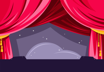 Vector illustration of a theater stage, with red curtains, backstage