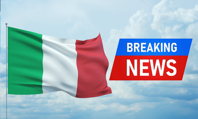 Breaking news. World news with backgorund waving national flag of Italy. 3D illustration.