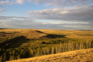 Arkaim is a place of power. Chelyabinsk region. Ural Mountains. beautiful nature. the sky with curly clouds. fluffy clouds