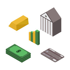 Set of isometric icons on the theme of deposit. Gold, bank, chart, bank card, dollar isolated on white background.