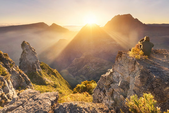 Sunrise at the Maido viewpoint over Mafate, Reunion Island 974