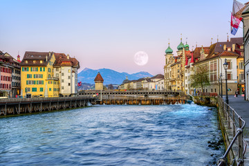 Old town of Lucerne in pink evening light, Switzerland