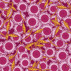 Violet colored flowers seamless vector pattern. Bright summertime surface print design. For fabrics, stationery and packaging.