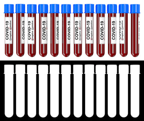 3D illustration of many blood test tubes with positive and negative COVID-19 tests over white background with alpha matte for easy isolation.
