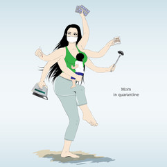 Multitasking super mother with six arms in quarantine