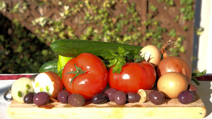 Fototapeta na wymiar Mediterranean diet, ingredients of Greek village salad
