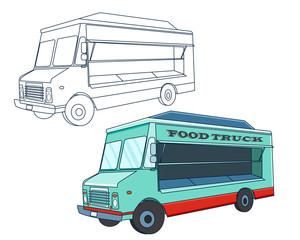 Food truck,sketch line art and colorful  cartoon vector illustration.