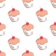 Hand drawn vector tile cherry cupcake pattern on white background