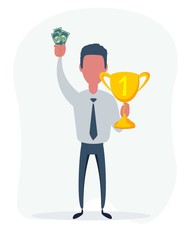 Happy businessman holding trophy cup with money. Vector illustration.