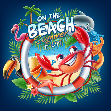 on the beach summer fun illustration with crab tucan flamingo and dolphin
